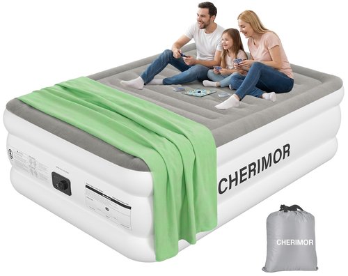 CHERIMOR Air Mattress Queen with Built in Pump, 18" Raised Comfort, Anti-Sag Horizontal Beam, 800lbs Heavy-Duty Support Blow Up Mattress, Multi-Layer Leak Proof Air Bed for Home Guests Camping