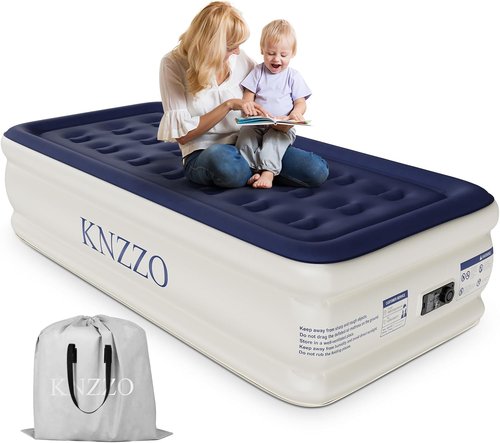 KNZZO Twin Air Mattress - Built-In Pump, Soft Flocked Top, Waterproof & Leakproof for Home or Camping