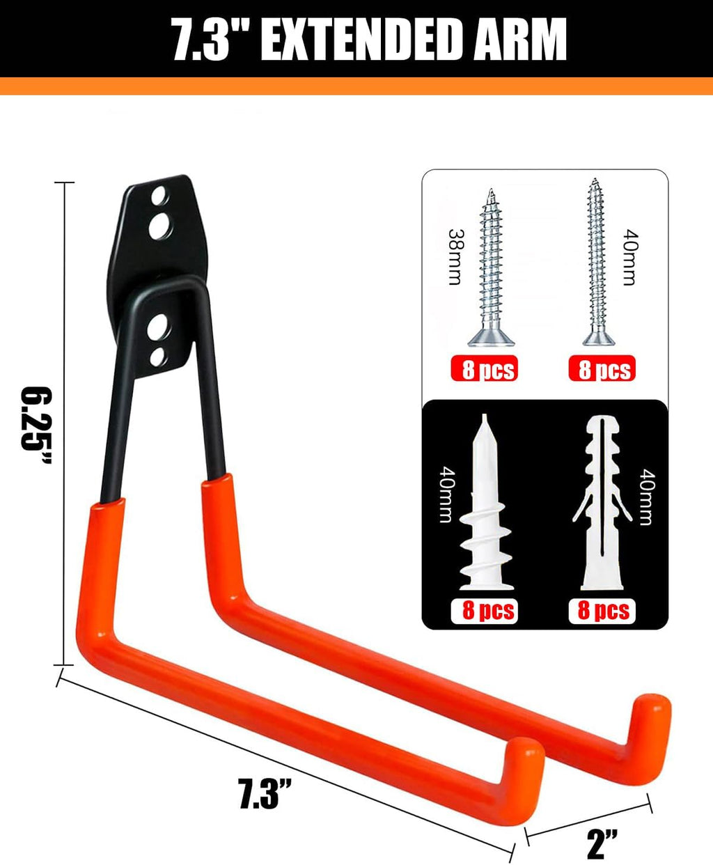 WMK Heavy Duty Garage Hooks - 7.3'' Wall Mount Utility Hooks for Tools & Bikes | 4 Pack (Orange)