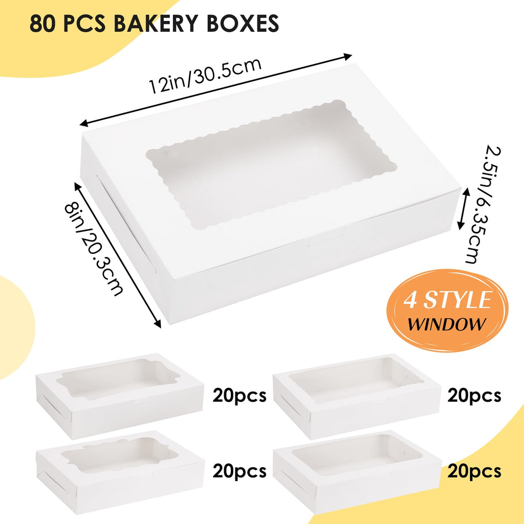 TOMNK 80pcs Cookie Boxes with Window, 12x8x2.5 Inches 4 Style Bakery Boxes, Large White Treat Containers for Chocolate Strawberries, Cakes, Donuts, Muffins and Pastries