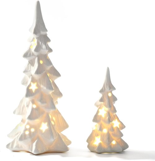 DN DECONATION White Ceramic Christmas Trees - 2-Piece Prelit Tabletop Decor with Stars & Dots Cutouts