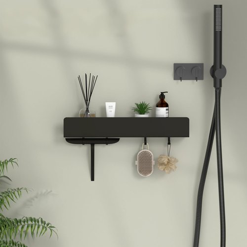 REKITA No Drill Shower Shelf Organizer, 40cm Stainless Steel Bathroom Storage with 4 Removable Hooks, Adhesive Wall Mounted Shower Caddy, Rustproof Bath Shelf for Bathroom Kitchen Living Room