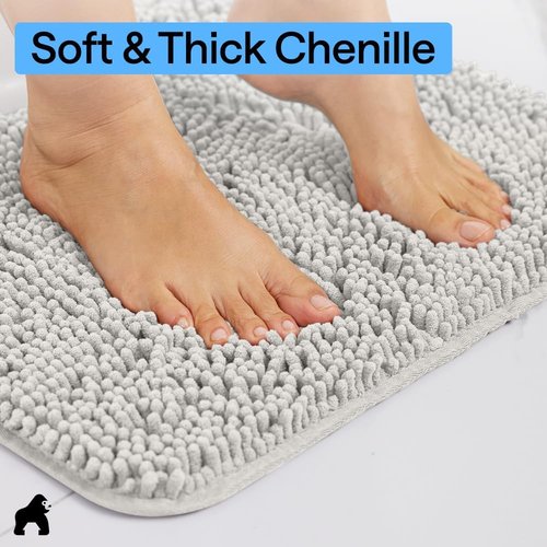 GORILLA GRIP Bath Rug Mat - Soft Absorbent Chenille | Quick Dry Microfiber, 54x24, Light Gray