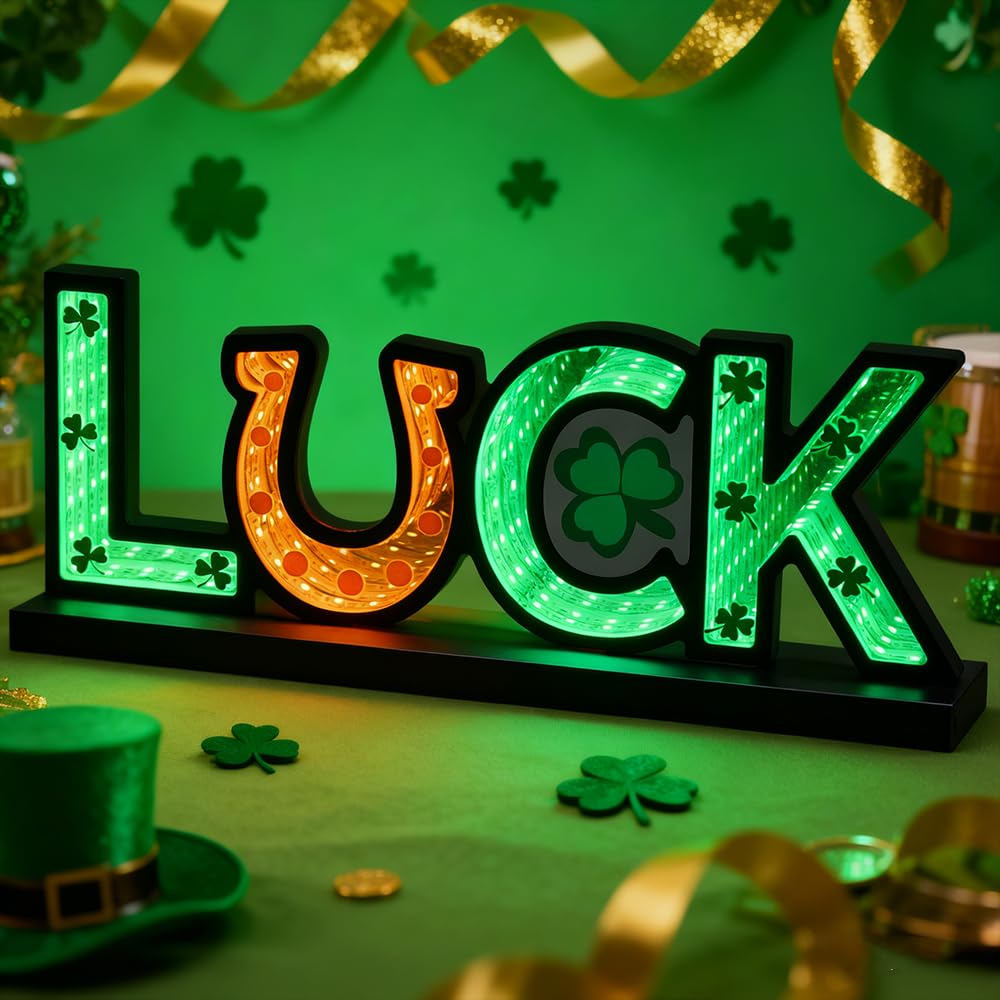 MEETYAMOR St Patricks Day Decorations, Luck Sign Infinity Mirror Tunnel Light with Shamrock for St Patricks Day Decor, Night Lights with Endless Extension for Home Living Room Table Centerpiece