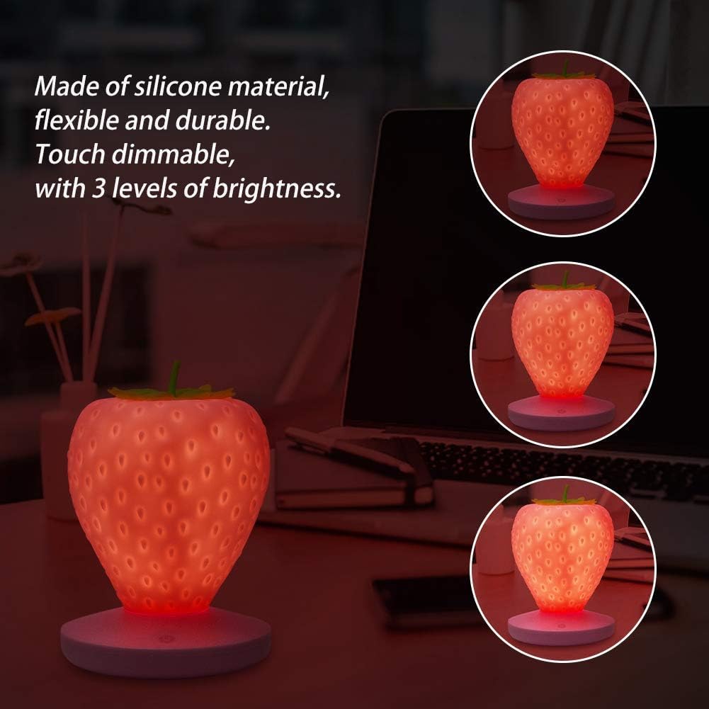 Rivonthex ‌Strawberry Night Light, Cute Silicone LED Touch Strawberry Lamp, USB Rechargeable, 3 Modes Dimmable, Color Changing Bedside Lamp, Valentine's Day, Birthday Gifts