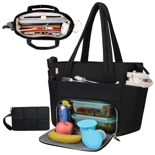Partreko Work Laptop Tote Bags with Insulated Lunch Compartment& Clutch Purse, Lightweight Puffer Lunch Tote Bag with 15.6 Inch Laptop Compartment for Women Daily Business Office Teacher Nurse (Black)