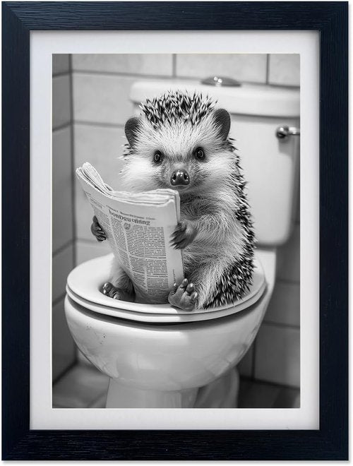 Funny Bathroom Wall Decor - Black and White Hedgehog Art Print | Framed Animal Picture