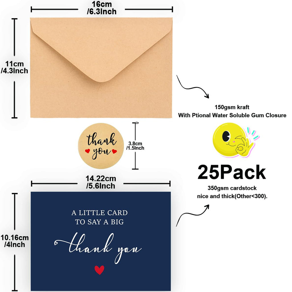 WowBefun 25 Pack 350GSM | Thank You Cards with Envelopes | Small Thank You Notes for Teacher, Graduation, Business, Holiday, and Christmas | Gifts | Teacher Appreciation Cards