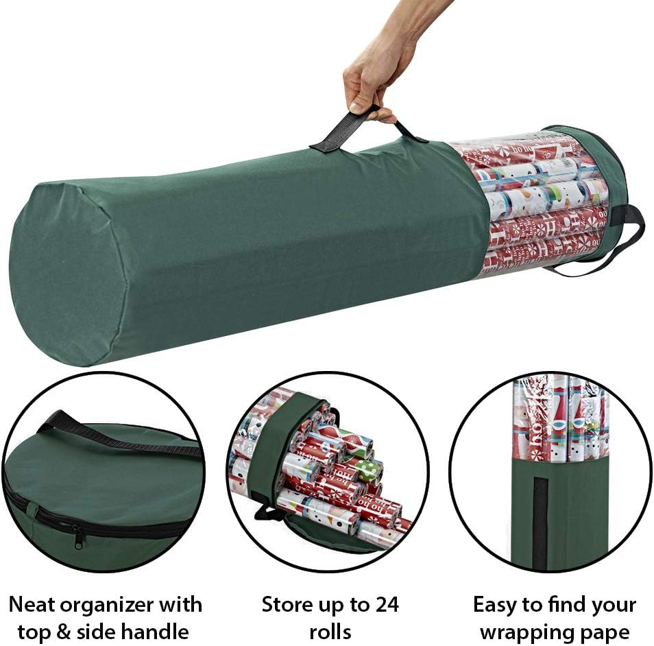 ProPik Gift Wrapping Paper Storage Organizer Bag - Holds 24 Rolls Up to 40 Inches | Heavy-Duty Polyester with Clear PVC and Zippered Top (Green)