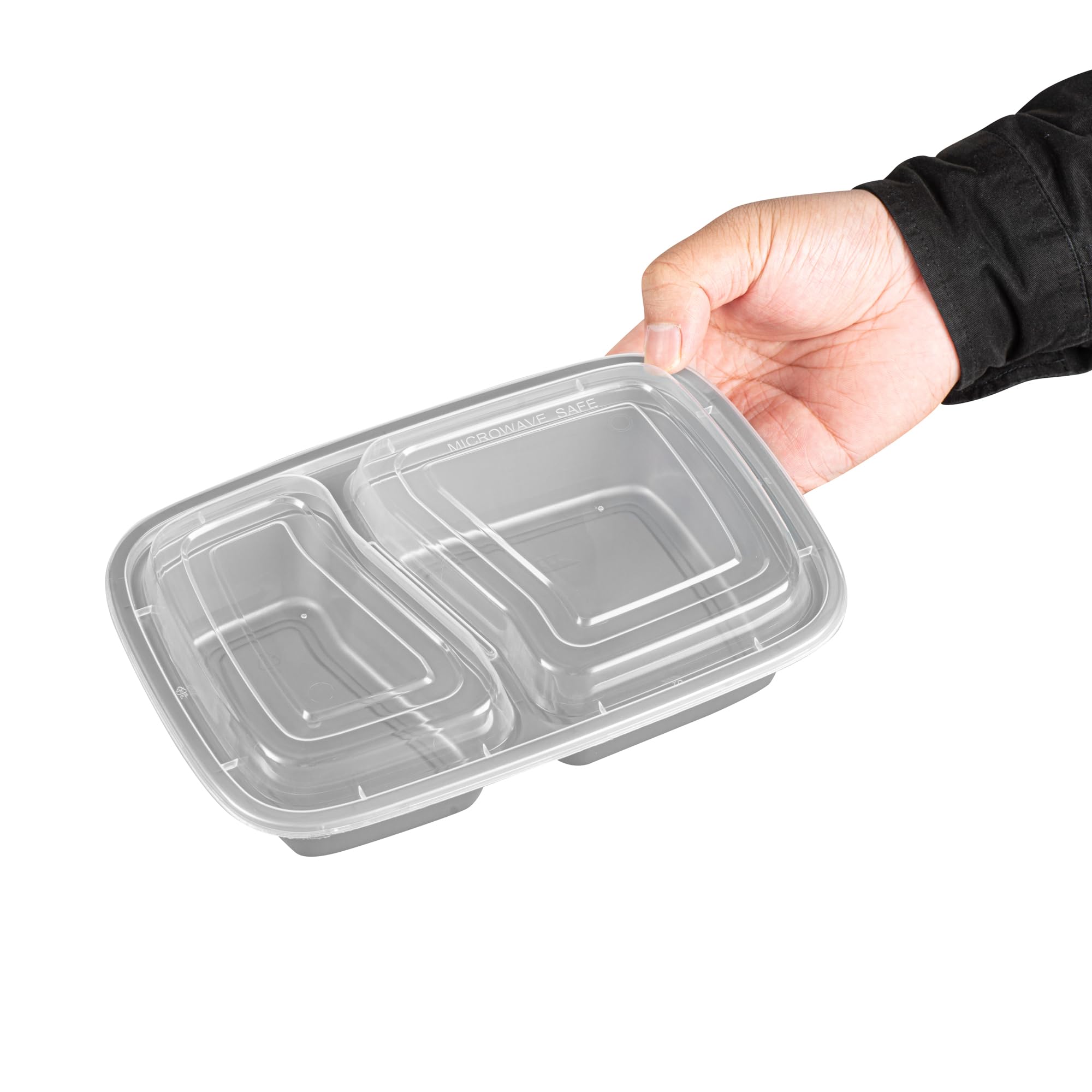 Restaurantware-Asporto 26 Ounce Compartment Take Out Boxes, 100 Microwavable Meal Prep Containers - 2 Compartments, With Clear Plastic Lids, Silver Plastic Food Containers, Do Not Contain BPA