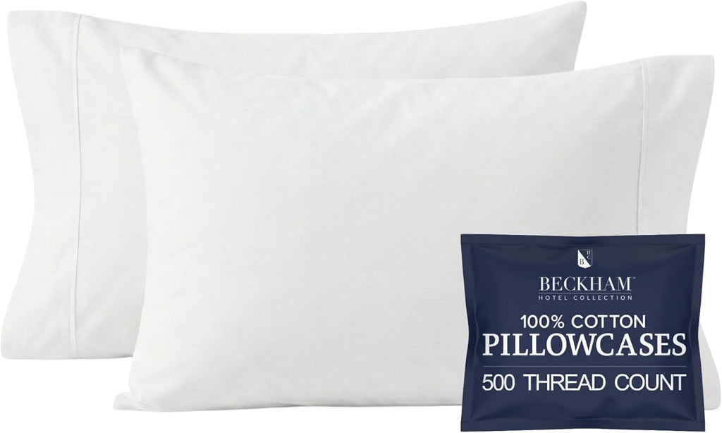 Beckham Hotel Collection Pillowcases - Queen Size Set of 2 | Cool Touch Cotton Sateen, 500TC, Silky Smooth White