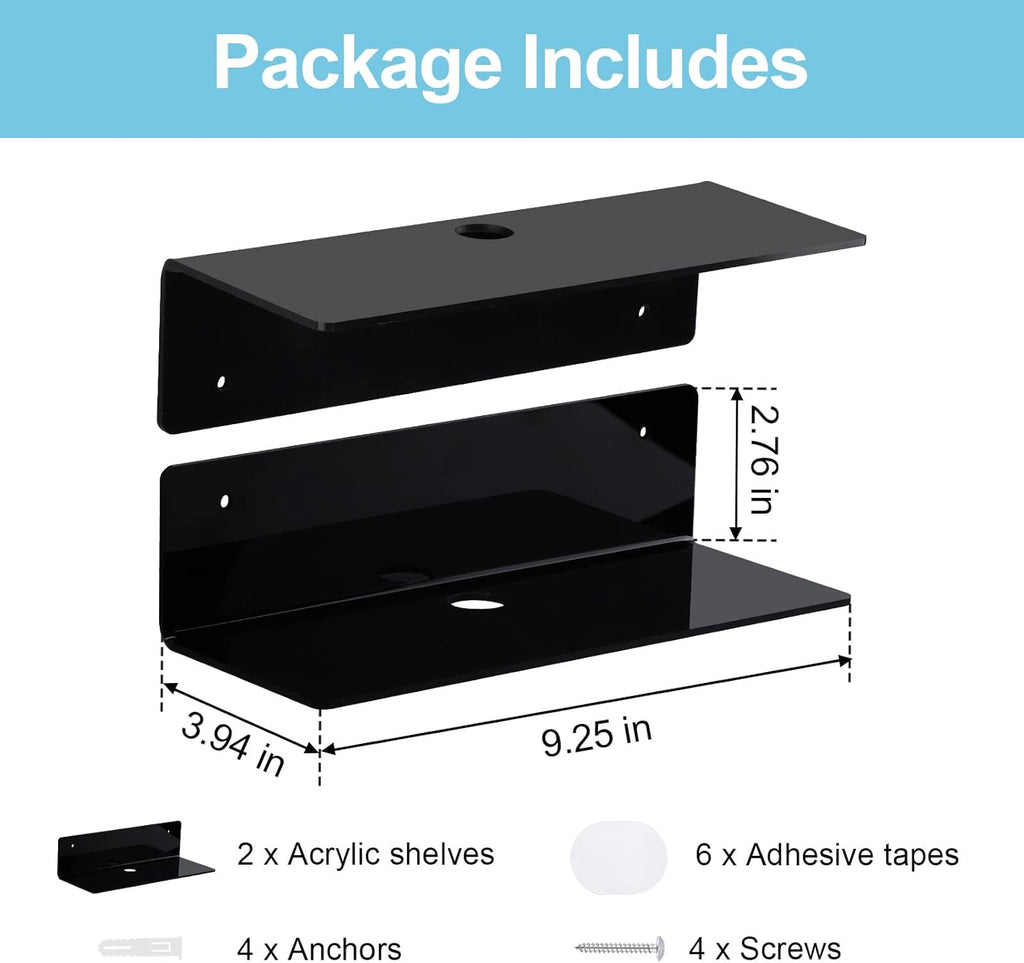 Skiennix 9-Inch Acrylic Floating Shelf Set of 2 - Damage-Free Wall Storage for Funko Pop, Black