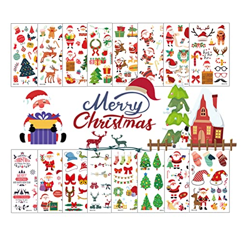 Christmas Temporary Tattoos - 16 Sheets Festive Fake Tattoo Stickers