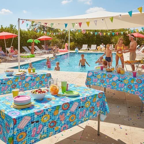 Disposable Pool Party Tablecloth - Blue Hawaiian Theme, Waterproof