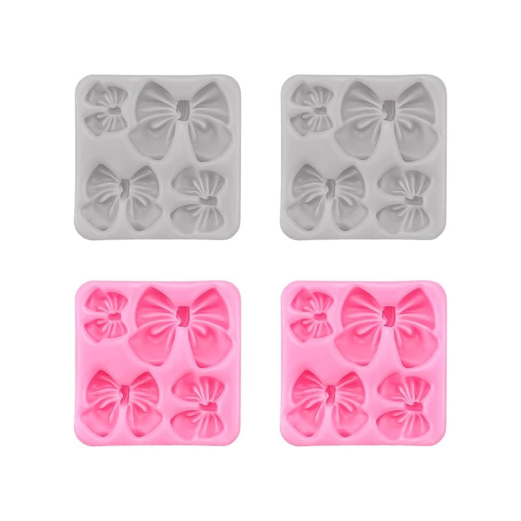 4Pcs Silicone Bow Molds for Cakes, Cupcakes, Chocolate, Candy, Sugar Craft, and Resin Crafts - Pink and Gray Bow Mold Set