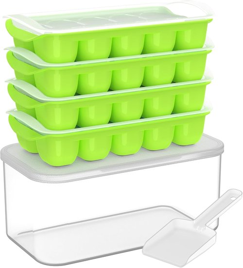DOQAUS Ice Cube Tray - Stackable Silicone Ice Trays with Lid & Bin | 4 Pack, BPA Free for Easy Use