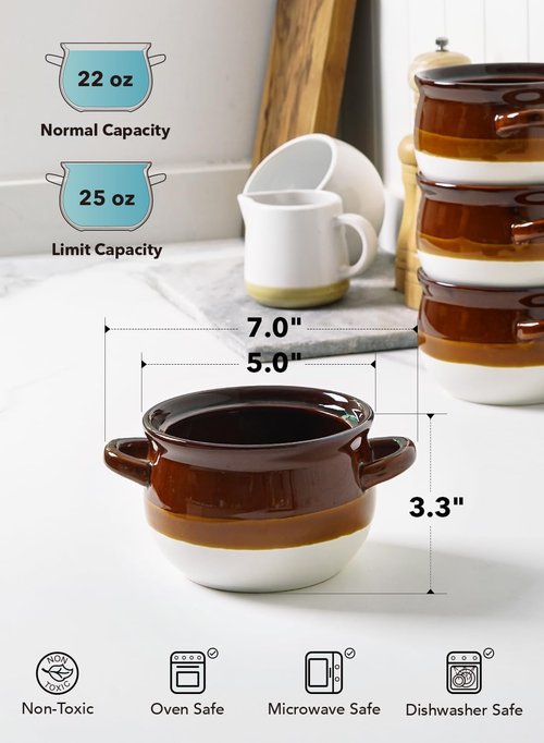 LE TAUCI French Onion Soup Bowls - 22 Ounce Ceramic Crocks with Handles | Oven Safe Set of 4 for Soup & Stews