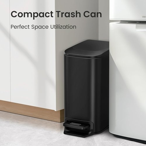Cesun Bathroom Essentials Bundle - 1.6 Gallon Soft Close Trash Can & Toilet Paper Holder Stand | Matte Black Stainless Steel