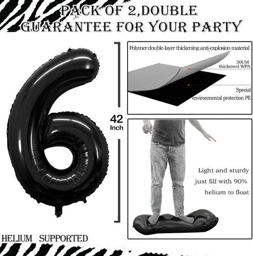 GOER Black Foil Number 6 Balloons - Huge 42" & 32" Birthday Party Decorations (3 Pcs)
