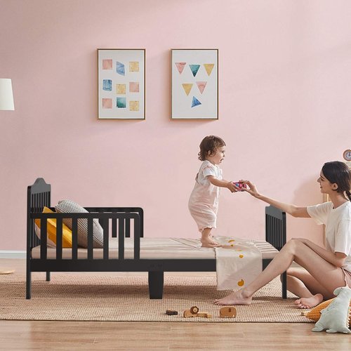 Costzon Toddler Bed, Classic Wood Kids Bed Frame w/Double Safety Guardrail, Low to Floor Design, Wooden Slat Support, Fits Full Size Crib Mattress, Bedroom Furniture for Boys & Girls (Black)