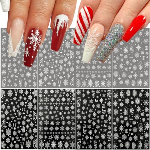 8 Sheets White Glitter Snowflake Nail Art Stickers 3D Self-Adhesive Decals