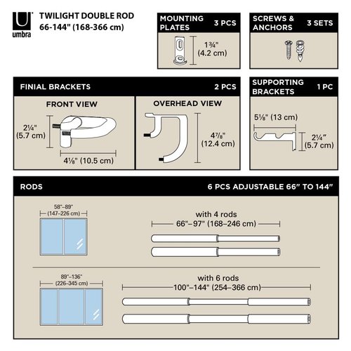Umbra Twilight Double Curtain Rod Set – Wrap Around Design is Ideal for Blackout or Room Darkening Panels, 66-144 Inch, Black