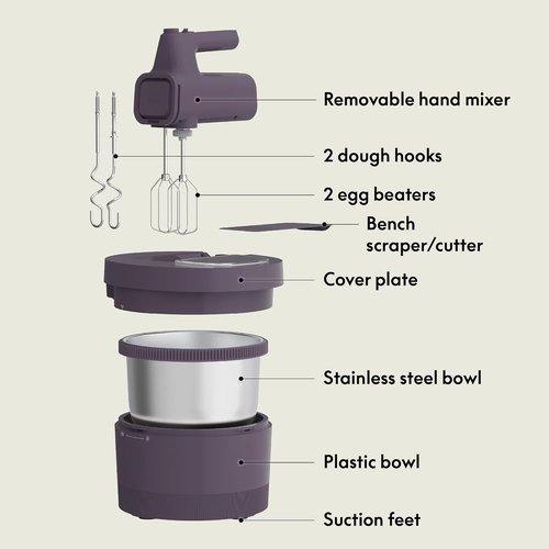 Bella 3.5 Qt Electric Hand & Stand Mixer - 2-in-1 with Bowl, Dough Hook & Whisk - Plum Color