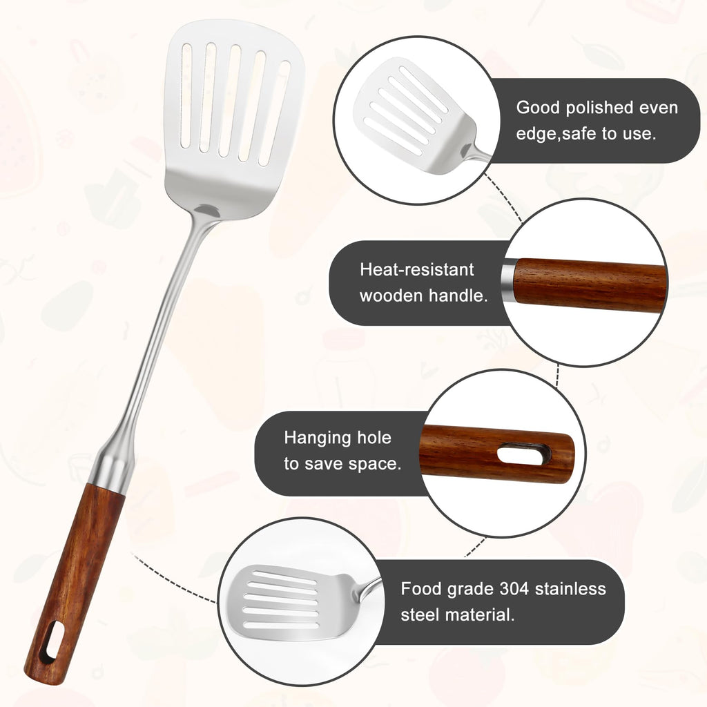 304 Stainless Steel Cooking Utensils Set with Wood Handle,10 Piece Metal Kitchen Utensils Dishwasher Safe Heat Resistant Serving Utensil Wok Tools (13-14in)