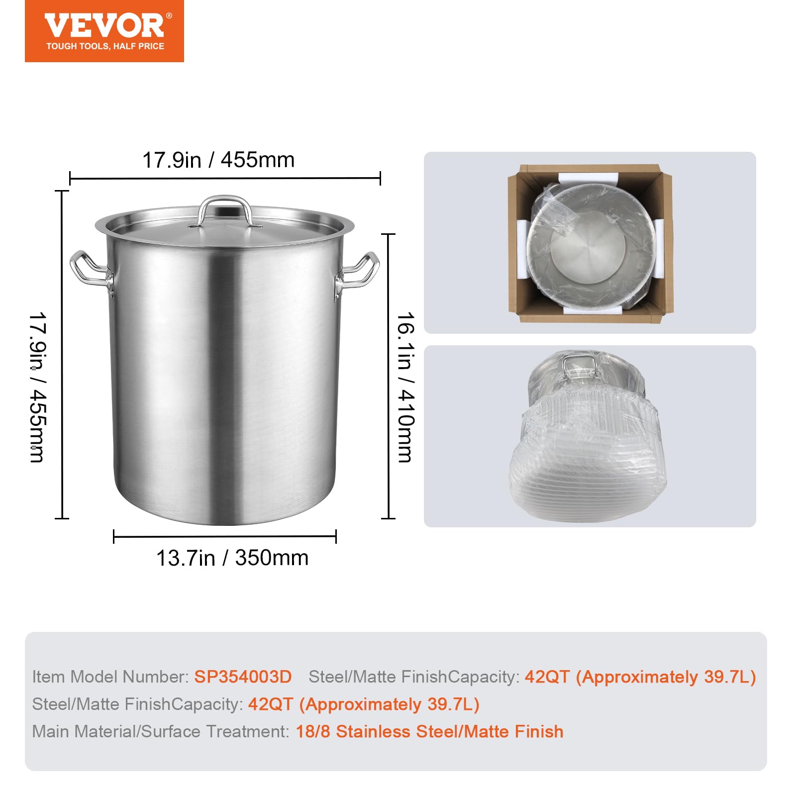 VEVOR 18/8 Stainless Steel Stockpot, 42QT Large Cooking Pots, Multipurpose Cookware Sauce Pot with Composite Base, Heavy Duty Commercial Grade Stock Pot, Sanding Treatment, for Large Groups Events