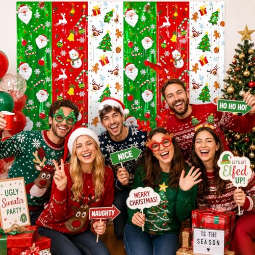 Festive Foil Fringe Curtains Red Green White with Santa & Reindeer - Christmas Party Backdrop & Photo Booth Props - 3 Pack