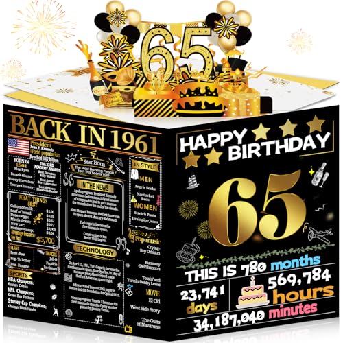 65th Birthday Pop Up Card - 1961 Retro Gold Greeting Card for Men and Women