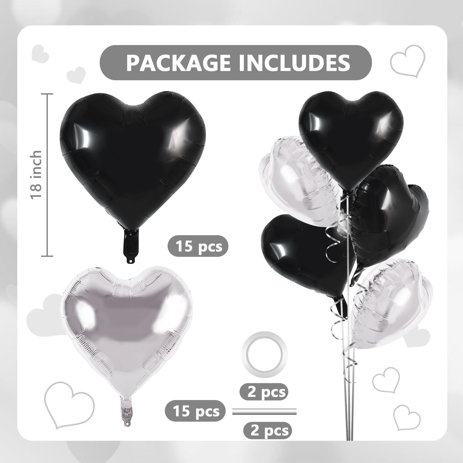 TONIFUL 30Pcs Black & Silver Heart Shape Foil Balloons - 18 Inch Party Decorations for Birthdays & Weddings