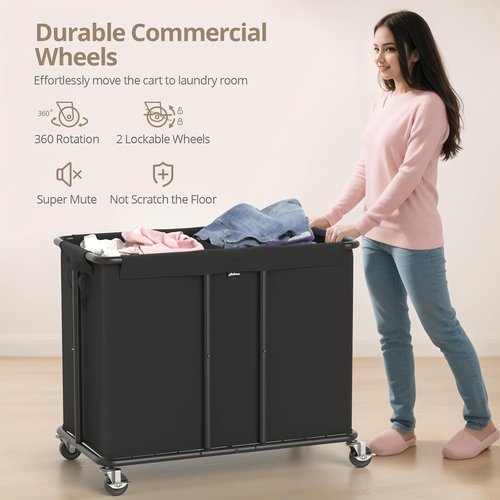 Hodonas Laundry Hamper - 2-Section 230L Rolling Clothes Basket with Silent Casters & Detachable Bags - Black