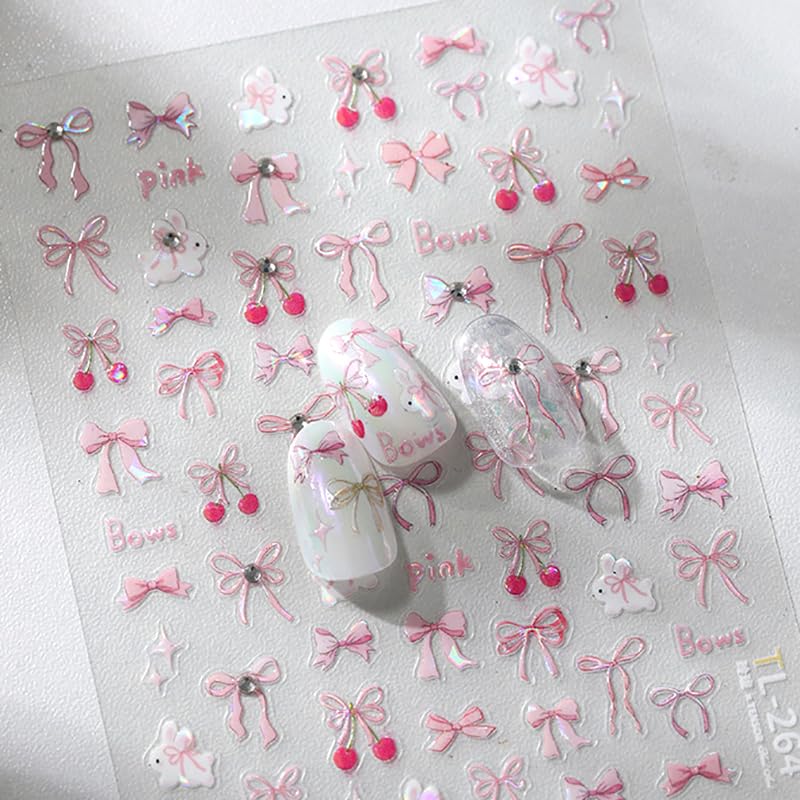 5D Embossed Nail Stickers Self-Adhesive Pink Bow Nail Art Decals