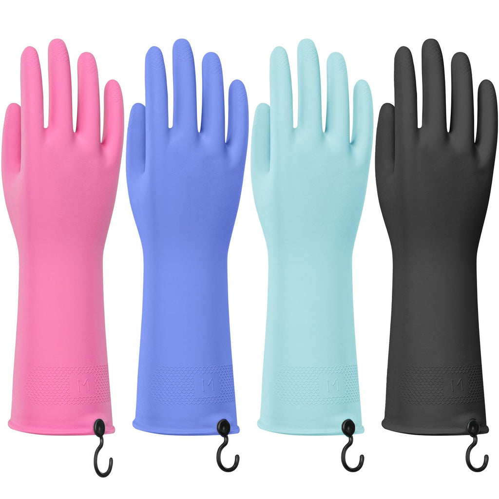 Petacffe 4 Pairs Rubber Dishwashing Gloves with Hanging Hooks - Reusable Cleaning Gloves for Kitchen & Household, Non-Slip, Durable and Flexible (Medium, 4 Colors: Black, Pink, Blue, Purple)