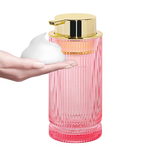 Tonxus Foaming Soap Dispenser, Pink Glass Foam Hand Soap Dispenser with Gold Pump, 14 Oz Bathroom Refillable Liquid Lotion Pump Ribbed Bottle Container for Kitchen Countertop Decor, 1
