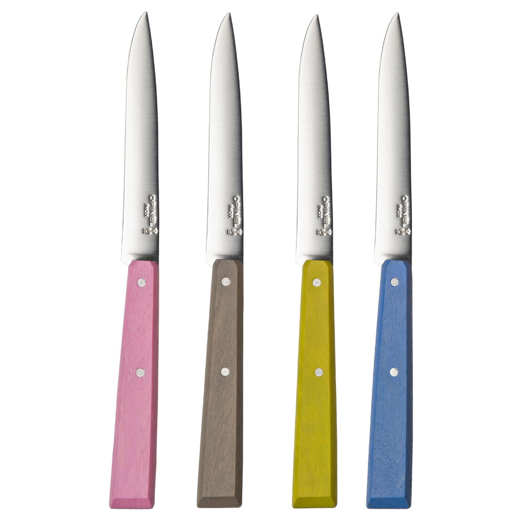 OPINEL No. 125 Table Knives, 4 Piece Set, High Carbon Steel Dinner Knives for Parties, Entertaining, or Everyday Use, Painted Hornbeam Handles, Made in France (Countryside)