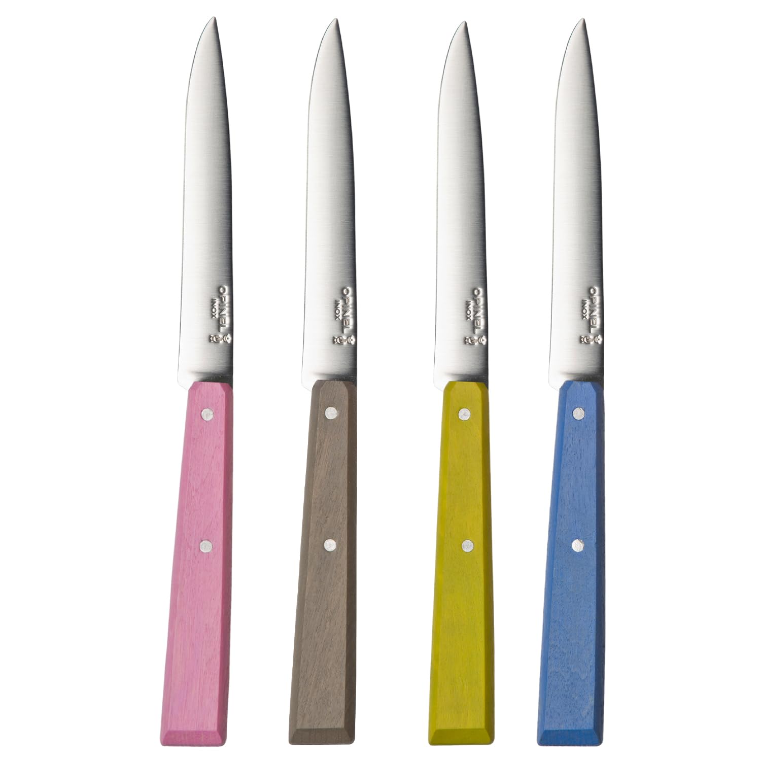OPINEL No. 125 Table Knives, 4 Piece Set, High Carbon Steel Dinner Knives for Parties, Entertaining, or Everyday Use, Painted Hornbeam Handles, Made in France (Countryside)