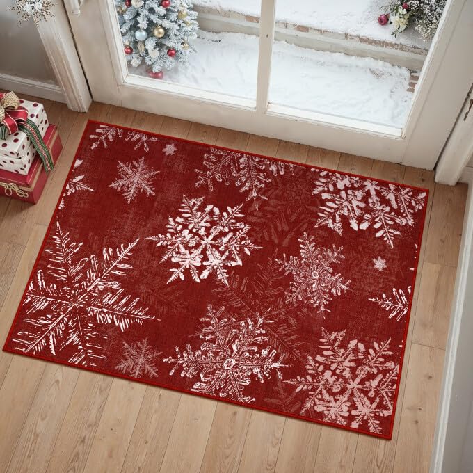 Christmas Area Rug 2x3 Feet with Snowflakes - Non-Slip Red Entryway Mat