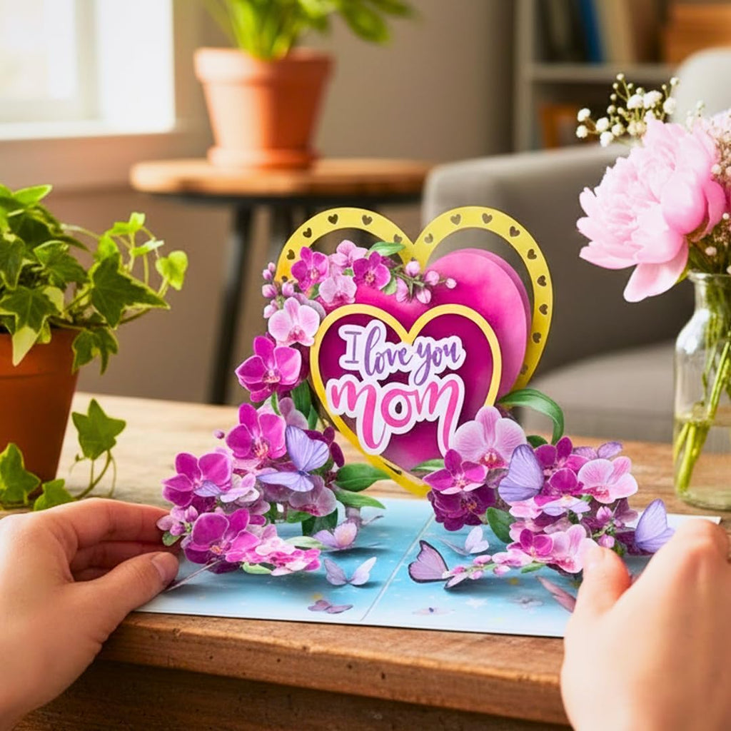 Regine Switzerland 3D Pop-Up Mother's Day Card - "I Love You Mom" Orchid Design | Premium Greeting Card with Envelope