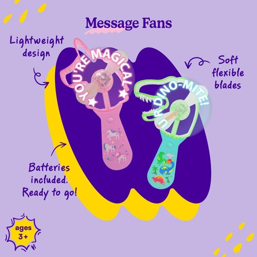 Cool Things Dinosaur Light Up Message Spinner – Handheld LED Spinning Fan Toy for Kids, Safe Battery Personal Fan with Flashing Text – Dinosaur Party Favor, Travel, Festival, Concert – 2 Pack