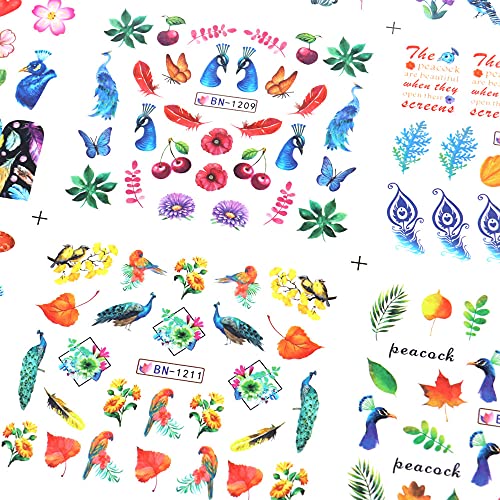CHANGAR Peacock Feather Nail Stickers - 12 Sheets Water Transfer Decals