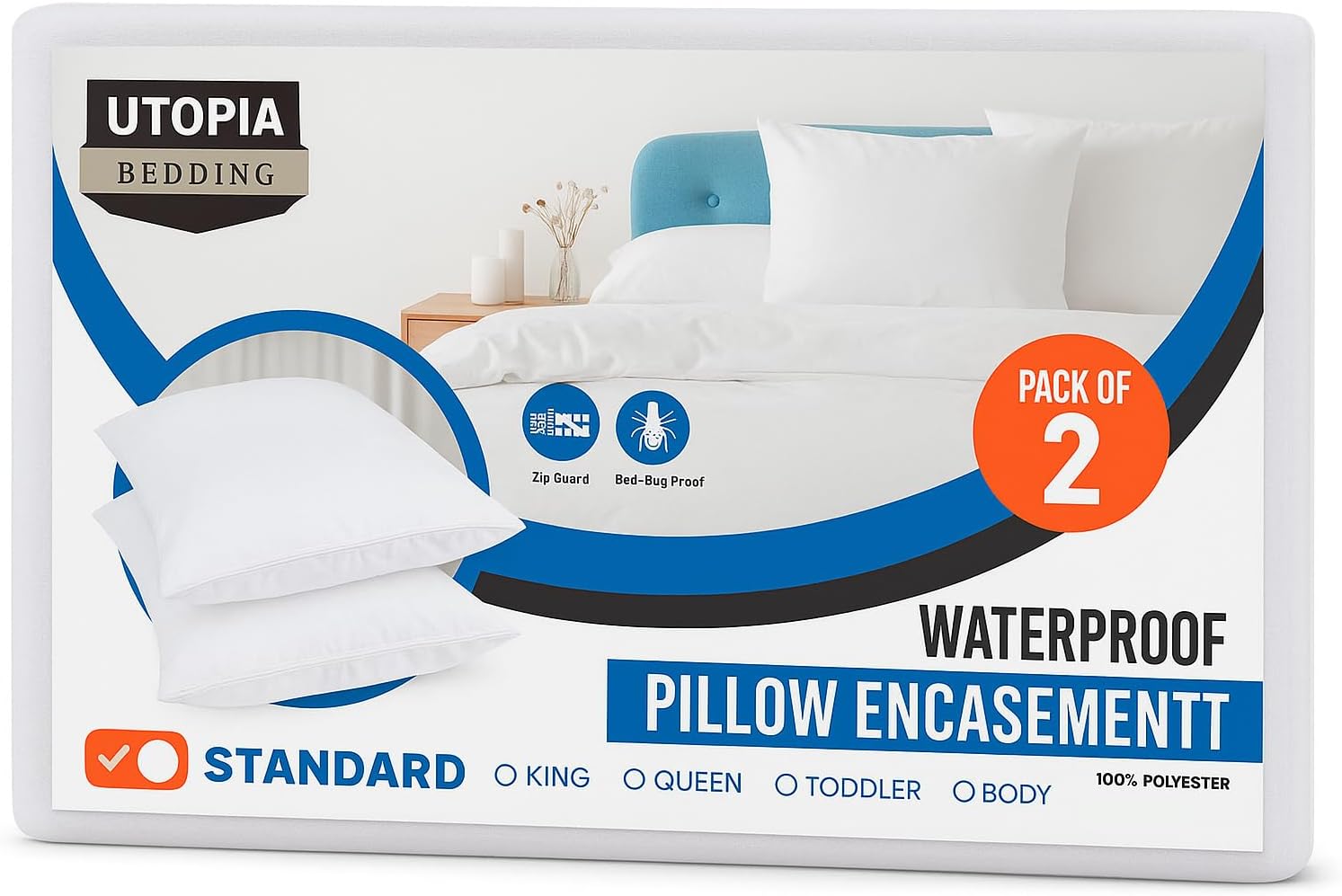 Utopia Bedding Pillow Protectors - Set of 2 Standard Size, Waterproof & Bed Bug Proof, Ultra Soft White Encasements
