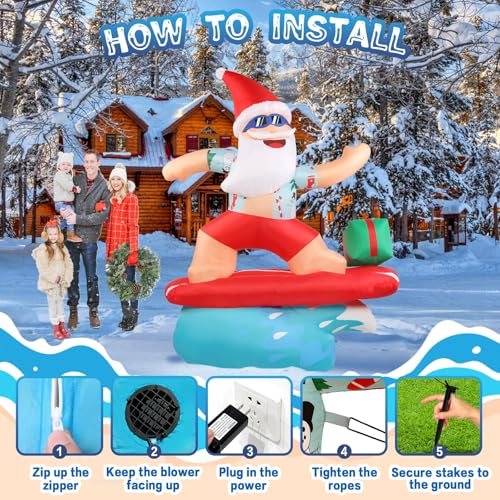 Gardentime 6.5FT Inflatable Santa Surfing Christmas Holiday Yard Decor with LED Lights