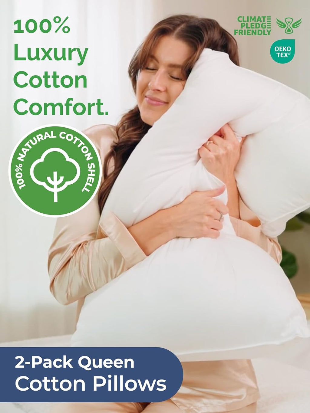 Skiennix 100% Cotton Bed Pillows - Soft Down Alternative Set of 2 - Queen Size, 20" x 36" - Breathable & Machine Washable