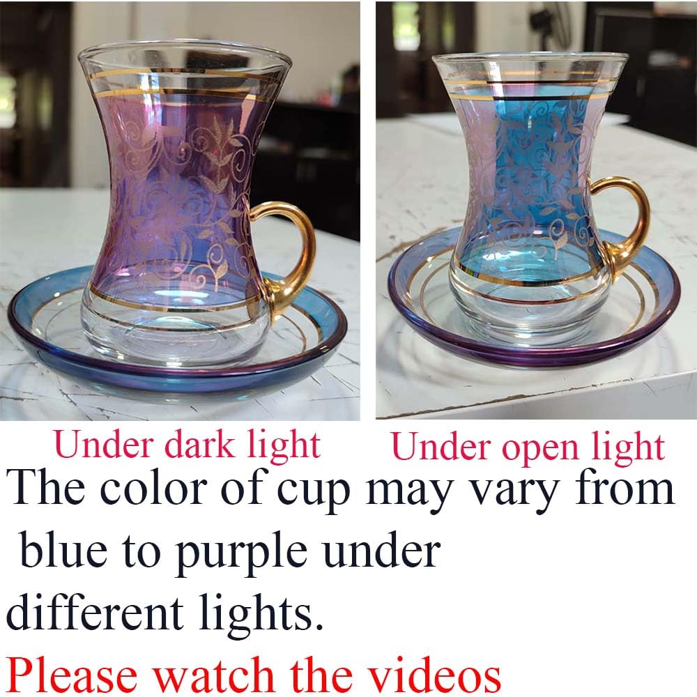 Vissmarta Vintage Turkish Tea Glasses Cups and Saucers Set of 6 Handle Drinkware Drink Bar Fancy Teapots Serving Glassware Drinking Kitchen Women Moroccan Persian Teacups Party Art Deco