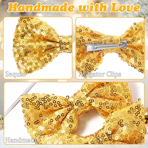 MBAIYO Gold Glitter Hair Bows 3-Pack Sparkly Sequin Bow Clips for Girls