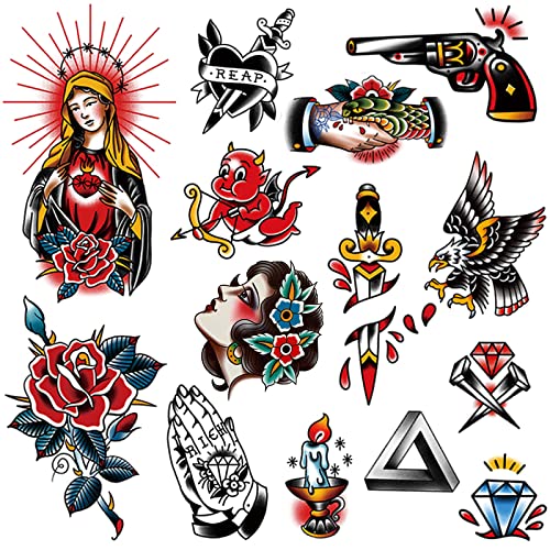 Vintage Temporary Tattoos for Men and Women - 14 Sheets Fake Old School Design