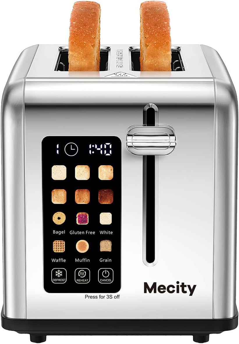 Mecity Stainless Steel 2-Slice Toaster - Touch Screen, 1.5" Wide Slot, Timer & Defrost Functions