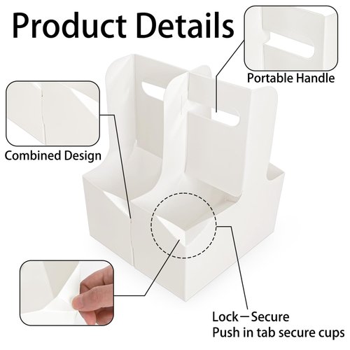 Lawei 50 Pack 2 Cup Drink Carrier with Handle, Disposable White Cardboard Paper Cup Holder Tray for Cold/Hot Drinks, Coffee Carrier, Food Delivery, Thickened Take Out Cup Carriers, Easy Assemblable
